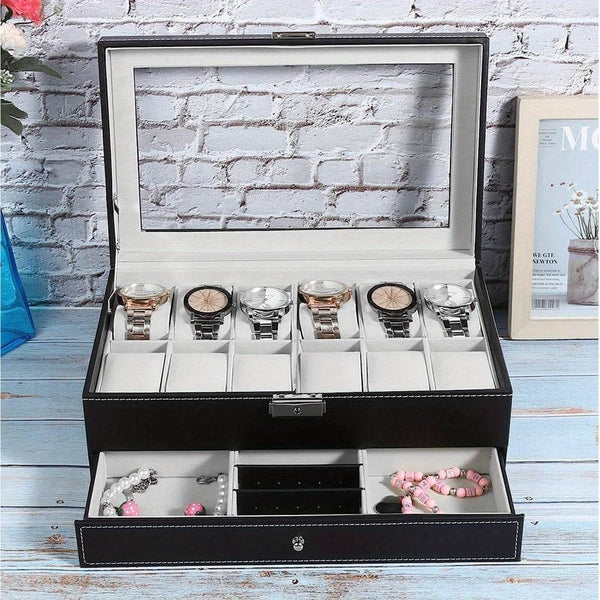 Organize Watches elegant style with this 12-Slot PU Leather Lockable Watch Storage Box - SunglassesMart