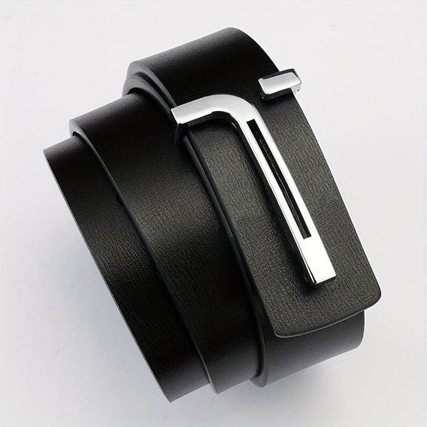 Men's Leather Belt with Letter Alloy Buckle - SunglassesMart