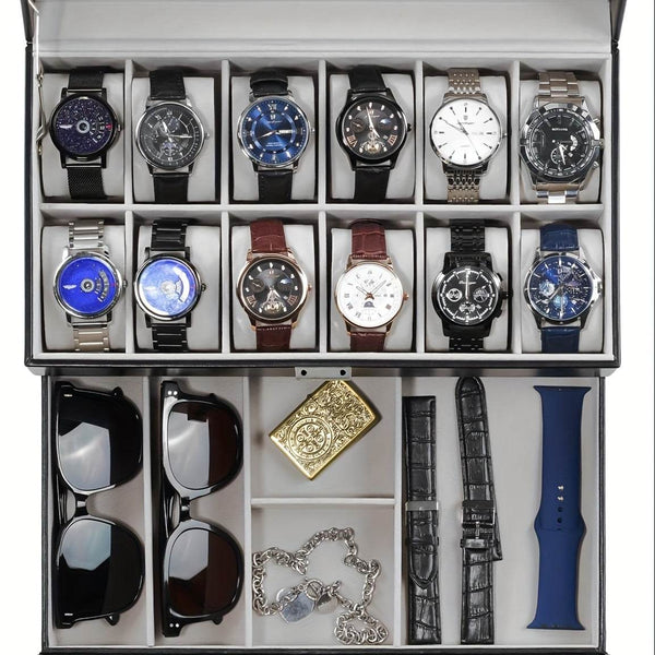 Organize Watches elegant style with this 12-Slot PU Leather Lockable Watch Storage Box - SunglassesMart