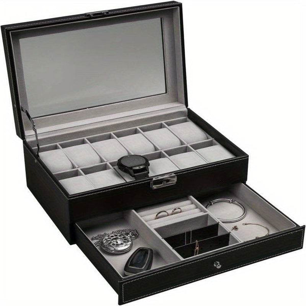 Organize Watches elegant style with this 12-Slot PU Leather Lockable Watch Storage Box - SunglassesMart