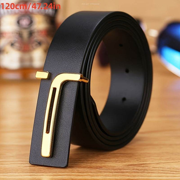 Men's Leather Belt with Letter Alloy Buckle - SunglassesMart
