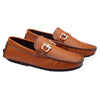 Pair of brown loafers with gold accents on a white background