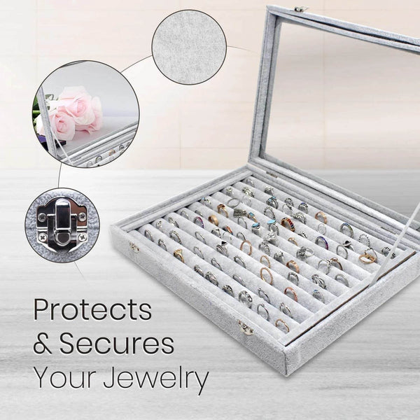Fabric Glass Jewelry Ring Display Box – Velvet Organizer with Glass Top - SunglassesMart