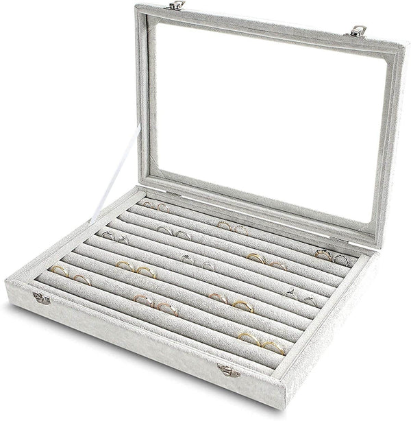 Fabric Glass Jewelry Ring Display Box – Velvet Organizer with Glass Top - SunglassesMart