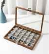 SUNGLASSES MART 24-Grid Wooden Jewelry Organizer Box with Glass Lid & Lock - SunglassesMart