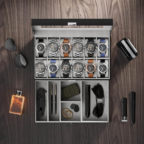 Organize Watches elegant style with this 12-Slot PU Leather Lockable Watch Storage Box - SunglassesMart