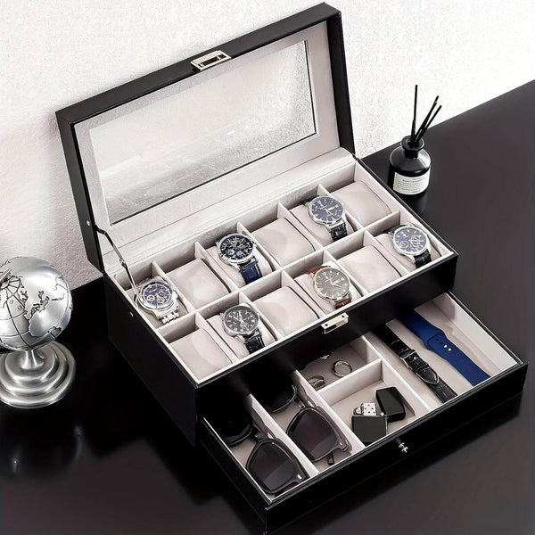 Organize Watches elegant style with this 12-Slot PU Leather Lockable Watch Storage Box - SunglassesMart