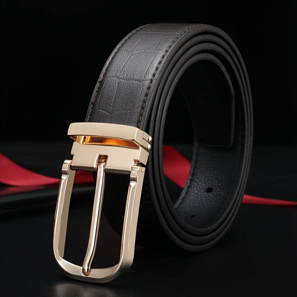 Elegant Men's Genuine Leather Belt Golden-Tone Needle Buckle - SunglassesMart