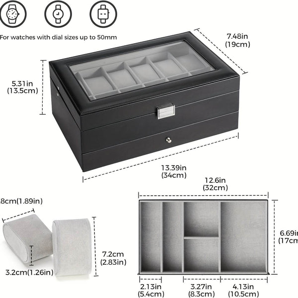Organize Watches elegant style with this 12-Slot PU Leather Lockable Watch Storage Box - SunglassesMart