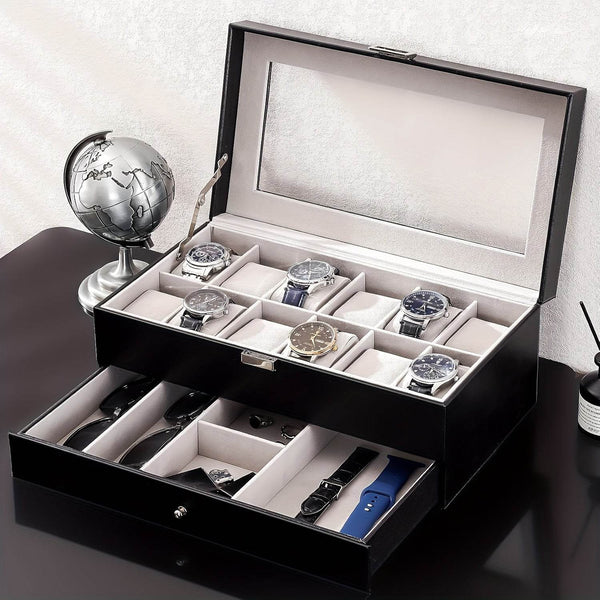 Organize Watches elegant style with this 12-Slot PU Leather Lockable Watch Storage Box - SunglassesMart