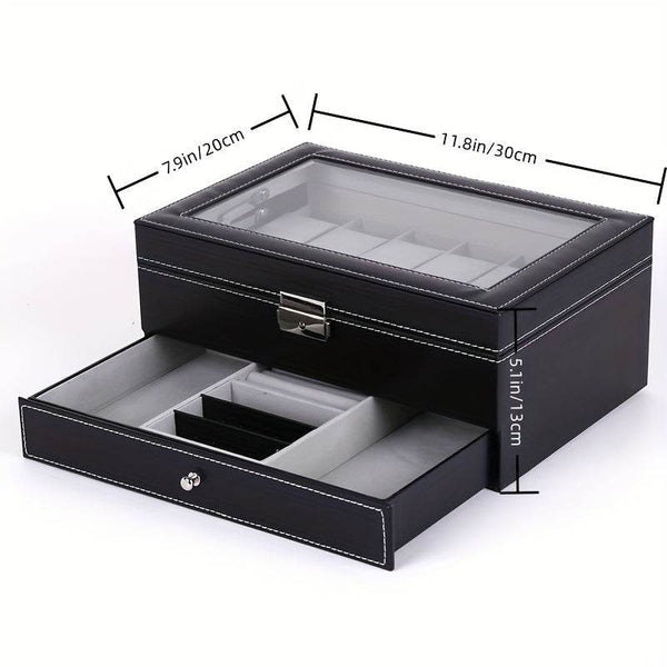 Organize Watches elegant style with this 12-Slot PU Leather Lockable Watch Storage Box - SunglassesMart