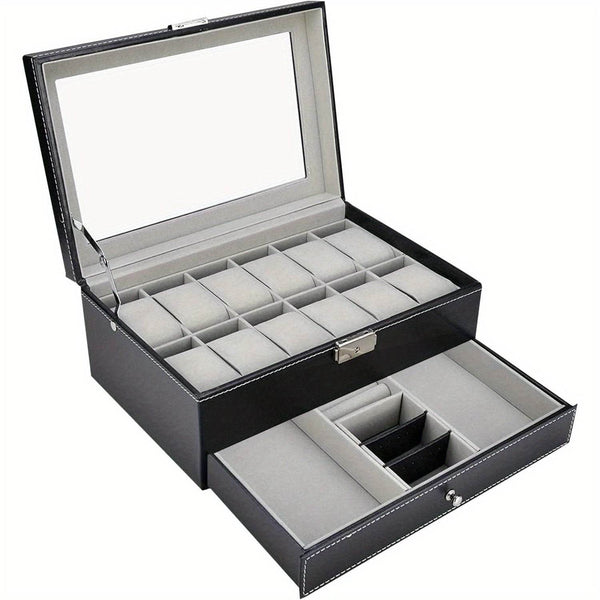 Organize Watches elegant style with this 12-Slot PU Leather Lockable Watch Storage Box - SunglassesMart