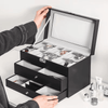 12 Slot Faux Leather Lockable Watch Organizer Box, 3-Tier Jewelry & Sunglasses Display Case - SunglassesMart