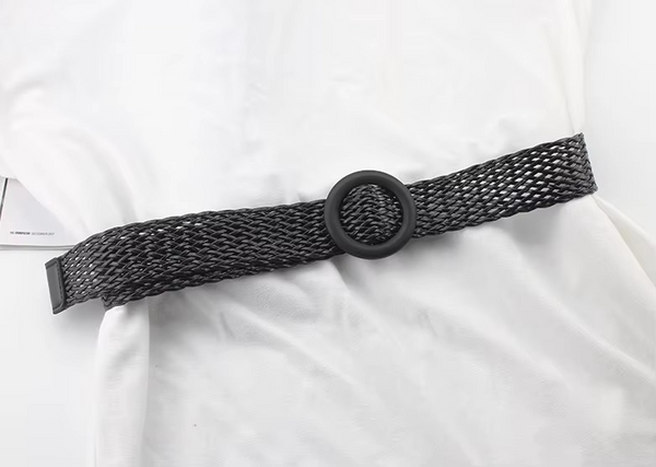 Korean Style Woven PU Straw Belt for Women with Wooden Buckle