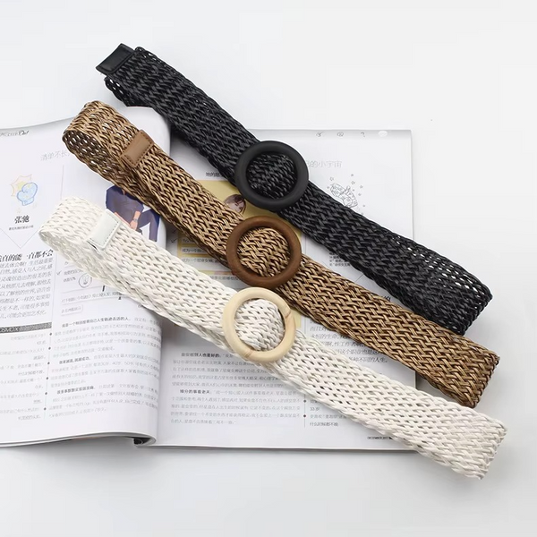 Korean Style Woven PU Straw Belt for Women with Wooden Buckle