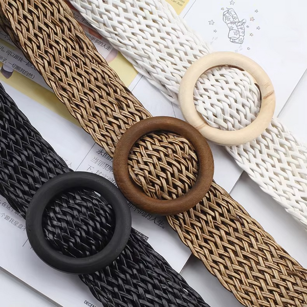Korean Style Woven PU Straw Belt for Women with Wooden Buckle