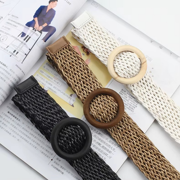 Korean Style Woven PU Straw Belt for Women with Wooden Buckle