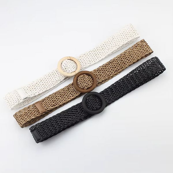 Korean Style Woven PU Straw Belt for Women with Wooden Buckle