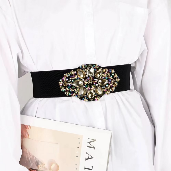 Luxury Women’s Rhinestone Waist Belt – Elastic PU Crystal Buckle Dress Belt