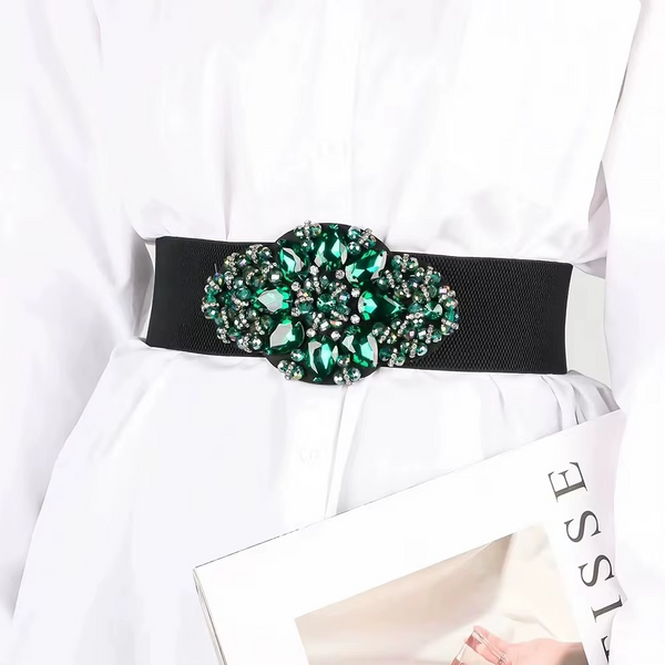 Luxury Women’s Rhinestone Waist Belt – Elastic PU Crystal Buckle Dress Belt