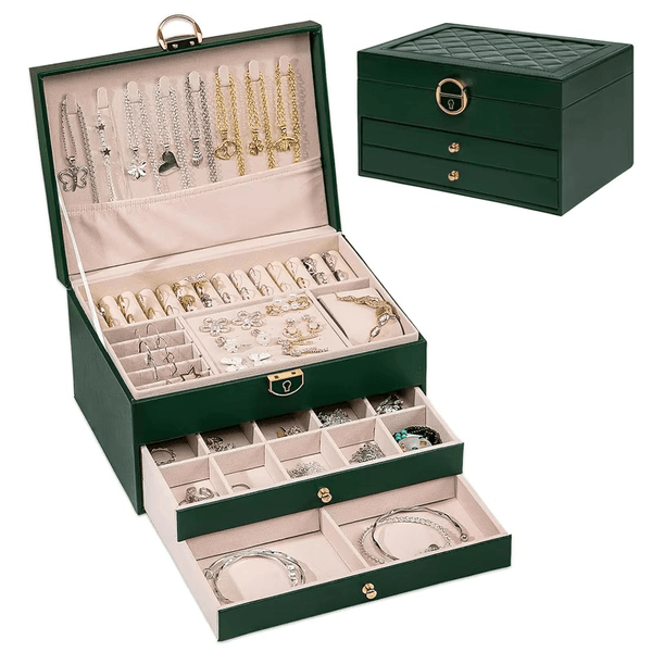 Large 3-Layer Jewelry Box Organizer with Lock & 2 Drawers for Women - SunglassesMart