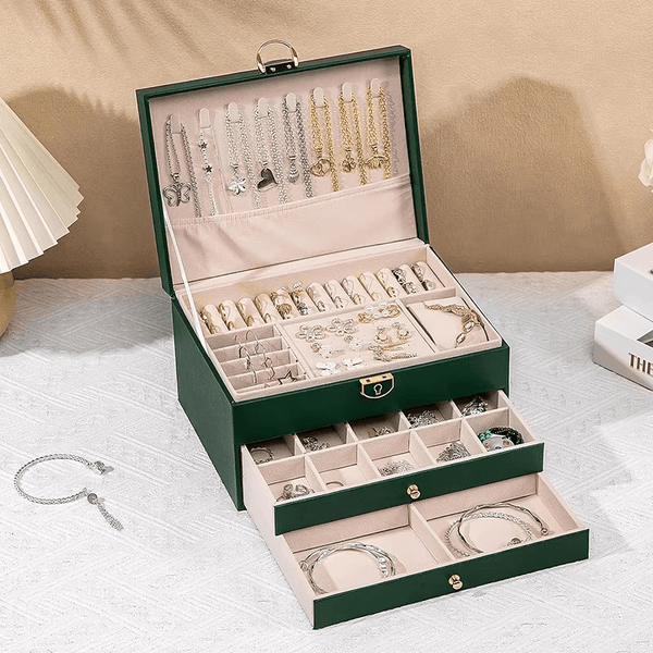 Large 3-Layer Jewelry Box Organizer with Lock & 2 Drawers for Women - SunglassesMart