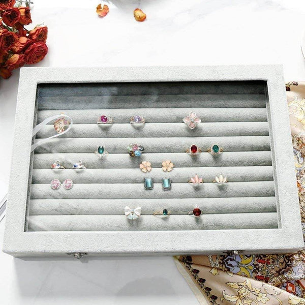 Fabric Glass Jewelry Ring Display Box – Velvet Organizer with Glass Top - SunglassesMart