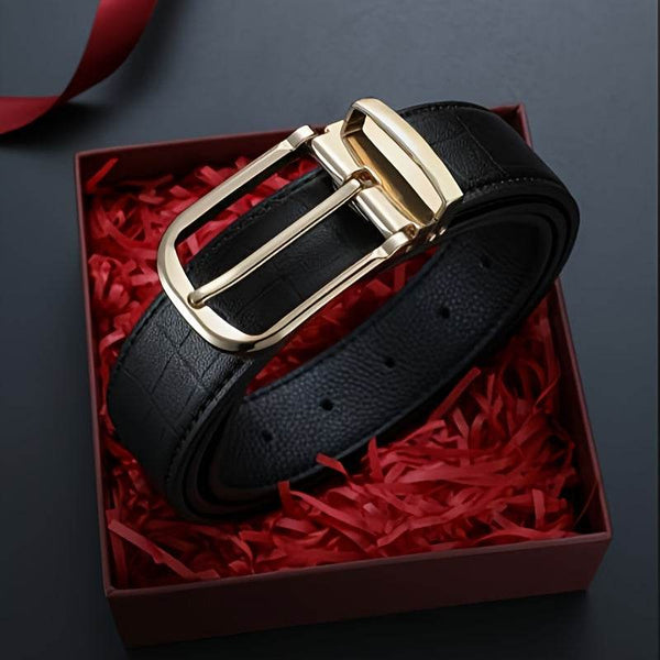 Elegant Men's Genuine Leather Belt Golden-Tone Needle Buckle - SunglassesMart