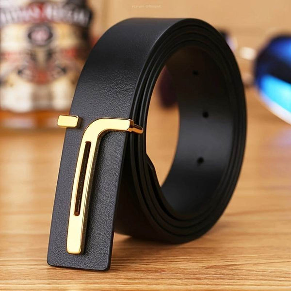 Men's Leather Belt with Letter Alloy Buckle - SunglassesMart