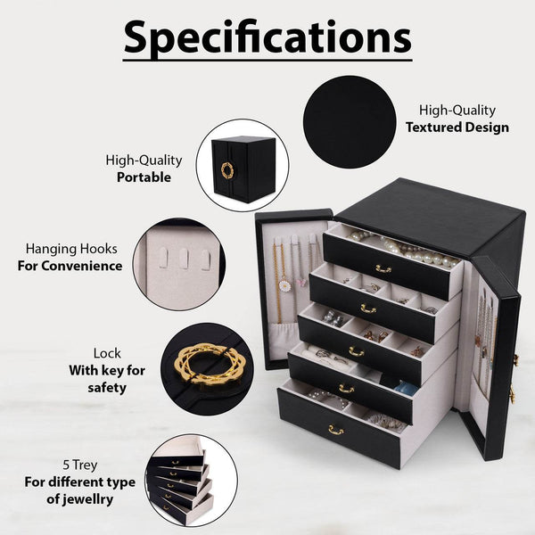 Convenient LuxuryJewellery Box with 5 Levels Large Jewellery Case with Drawer and Watch - SunglassesMart