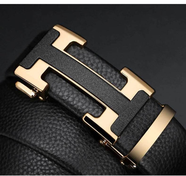 Designer H Buckle Leather Belt - SunglassesMart