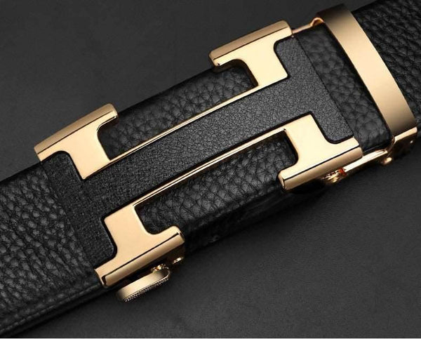 Designer H Buckle Leather Belt - SunglassesMart