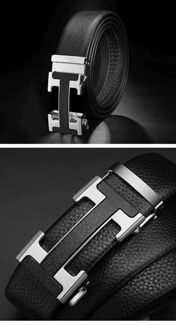 Designer H Buckle Leather Belt - SunglassesMart