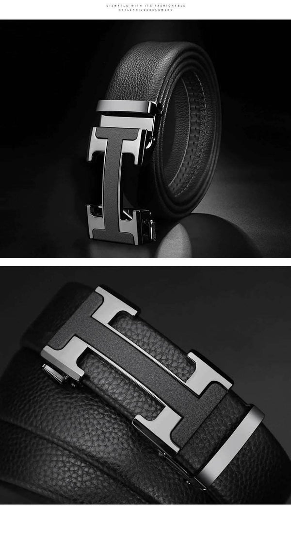 Designer H Buckle Leather Belt - SunglassesMart